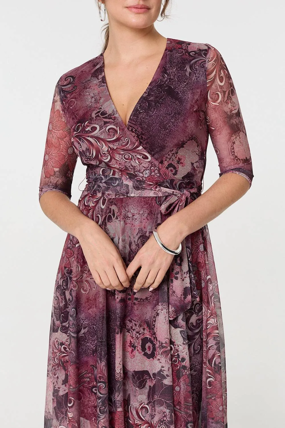 Floral Mesh Hanky Hem Wrap Midi Dress