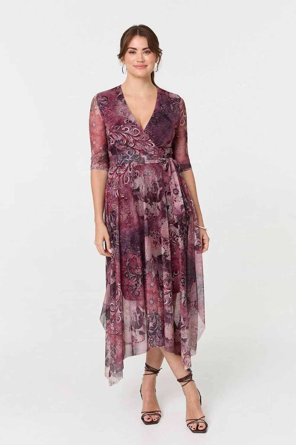 Floral Mesh Hanky Hem Wrap Midi Dress