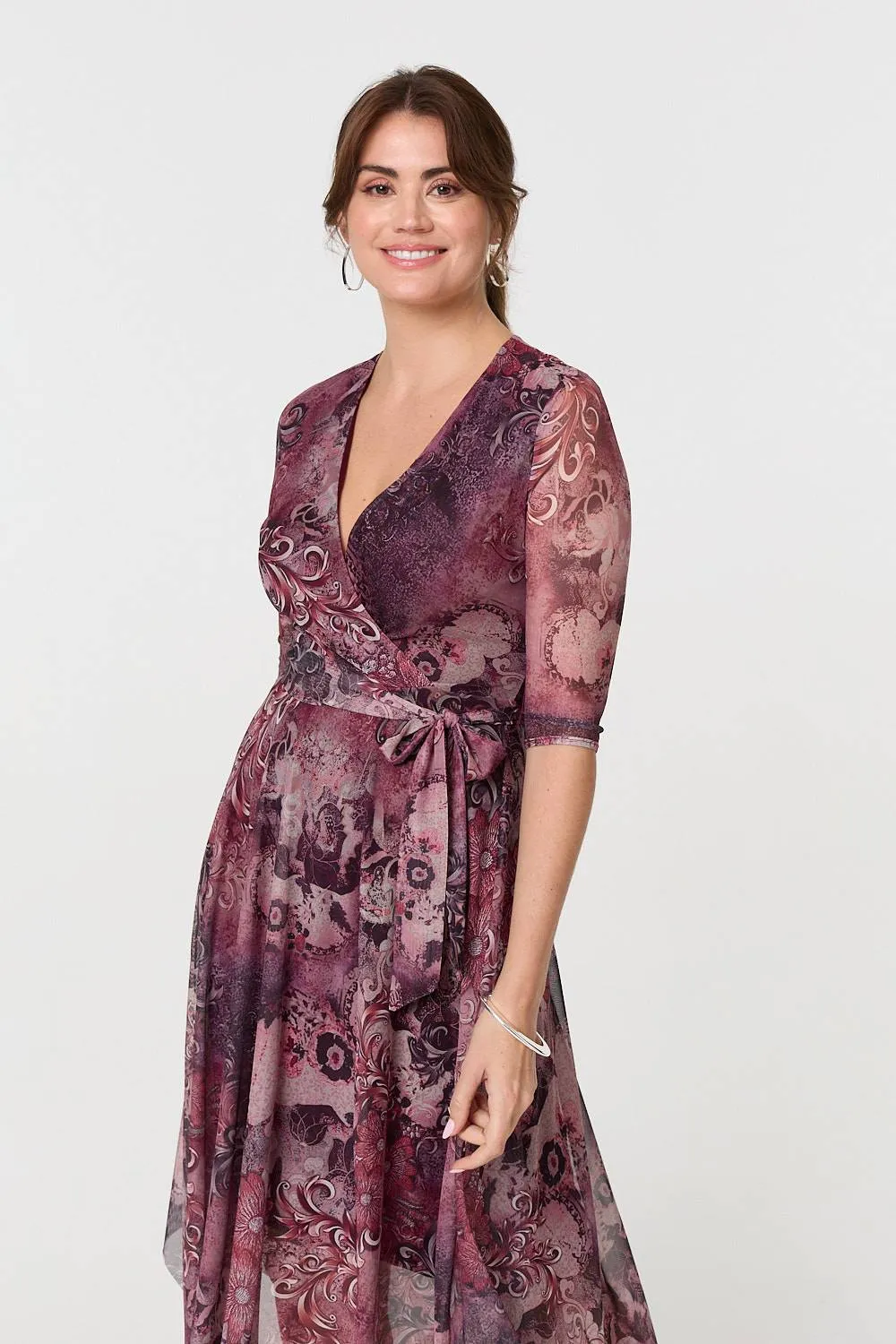 Floral Mesh Hanky Hem Wrap Midi Dress