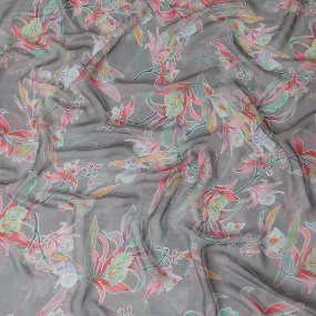 Fossil grey Premium pure wrinkle silk chiffon fabric with multicolor print in floral design-D17003