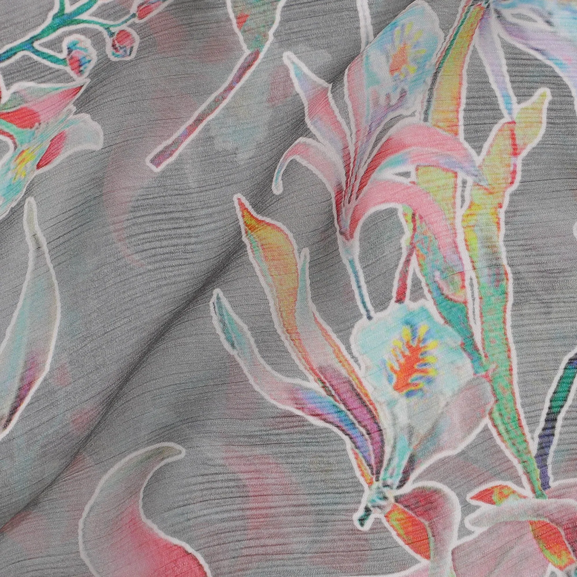 Fossil grey Premium pure wrinkle silk chiffon fabric with multicolor print in floral design-D17003