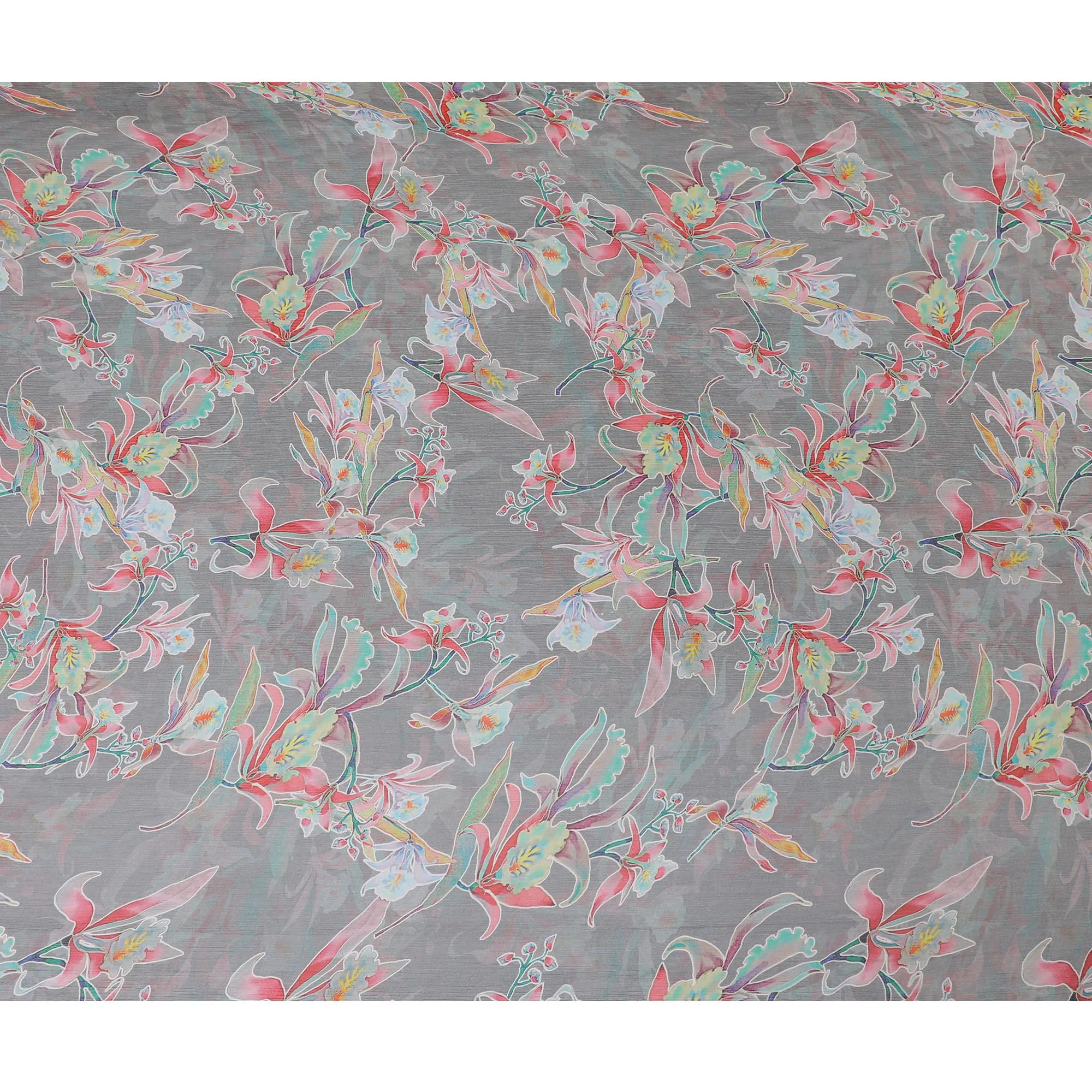 Fossil grey Premium pure wrinkle silk chiffon fabric with multicolor print in floral design-D17003