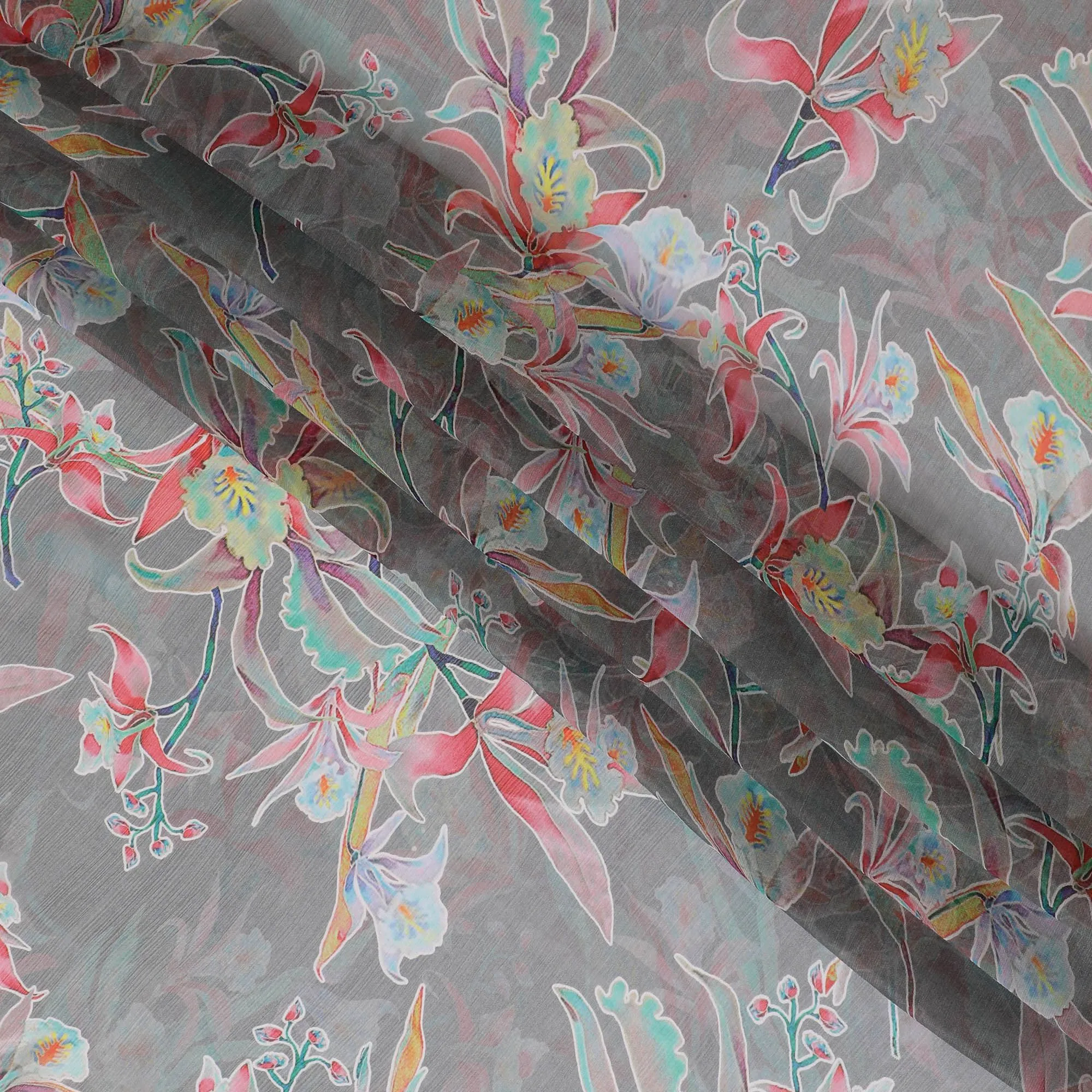 Fossil grey Premium pure wrinkle silk chiffon fabric with multicolor print in floral design-D17003