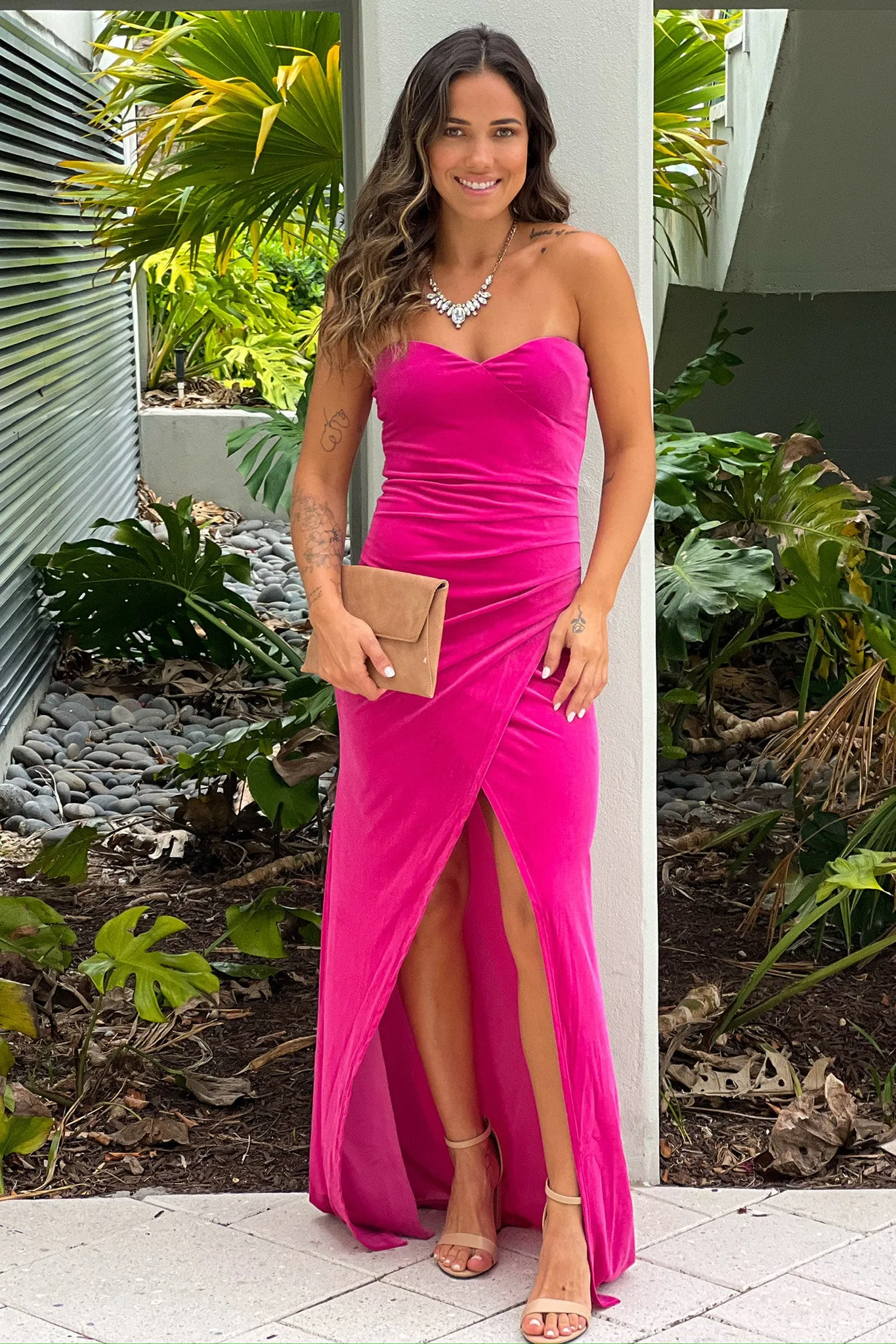 Fuchsia Strapless Velvet Maxi Dress