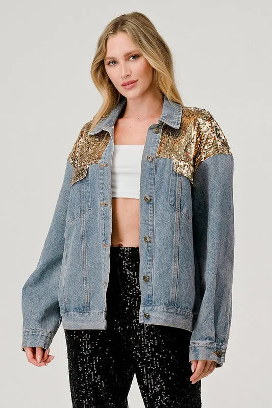 Gee Gee Wash Denim Gold Sequins Jacket