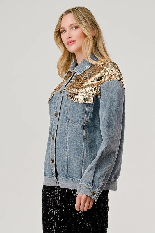 Gee Gee Wash Denim Gold Sequins Jacket