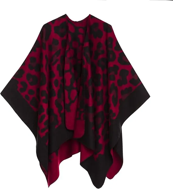 Geometric Red Luxurious Knit Sweater Poncho Cardigan