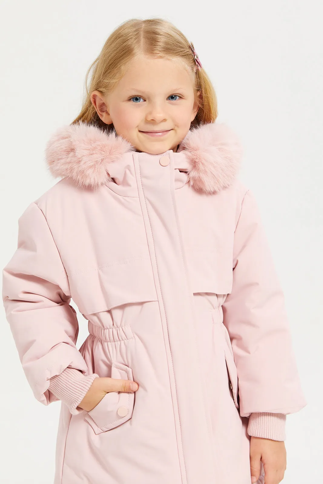 Girls Pink Puffer Long Line Sherpa Hood Jacket