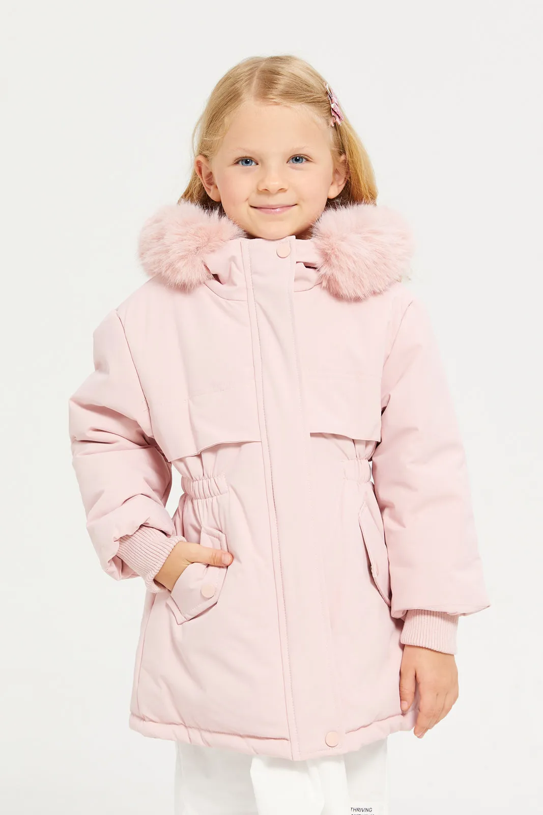 Girls Pink Puffer Long Line Sherpa Hood Jacket