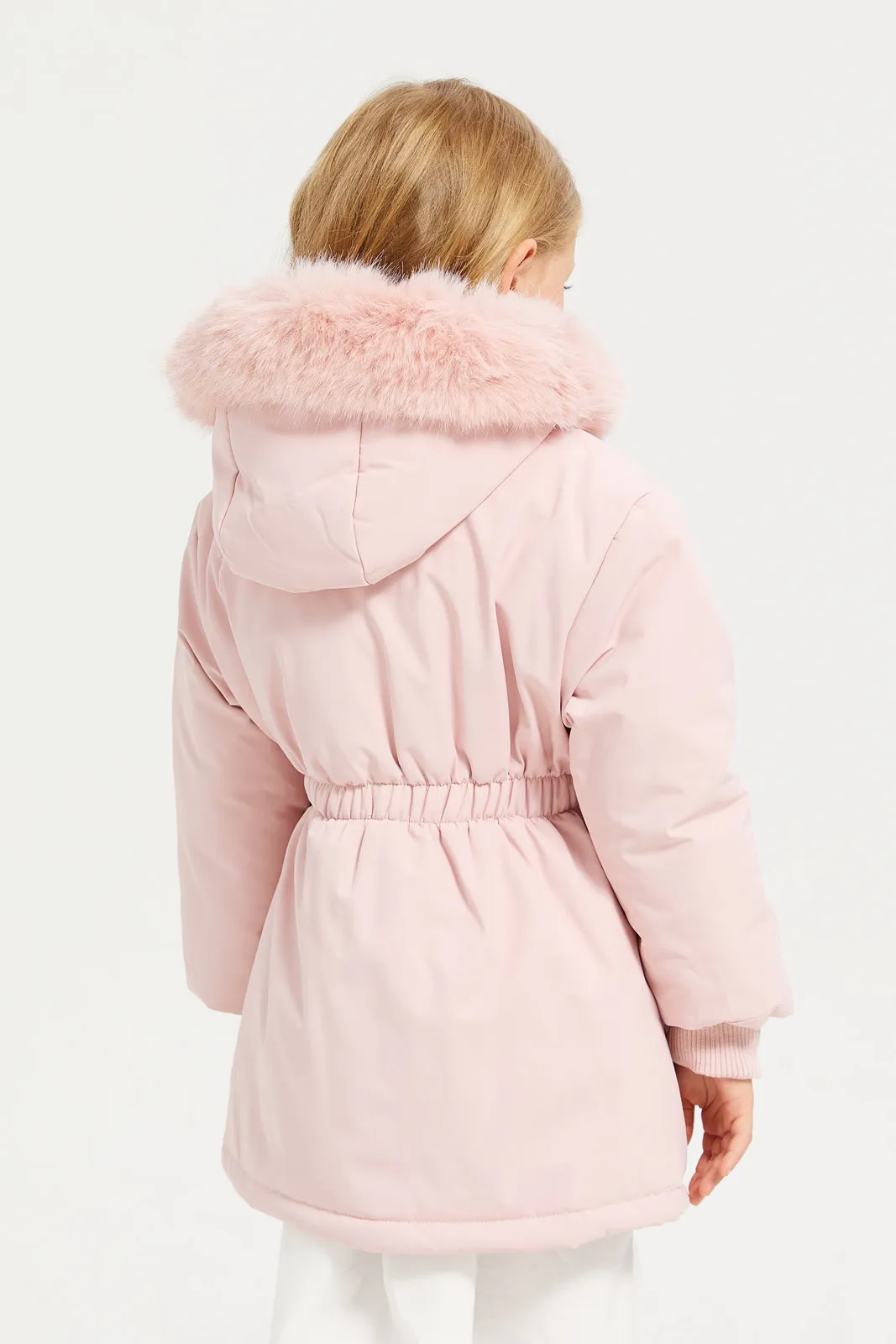 Girls Pink Puffer Long Line Sherpa Hood Jacket