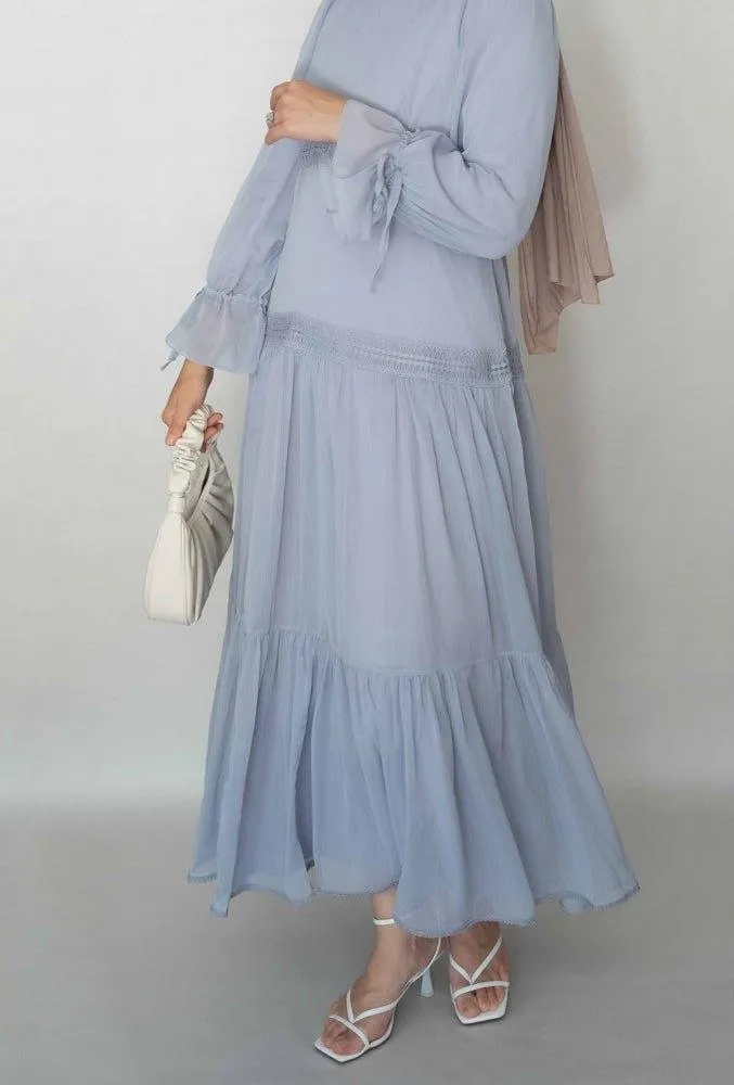 Gray Vivvie classic chiffon dress lined not sheer with maxi sleeve and lace detail