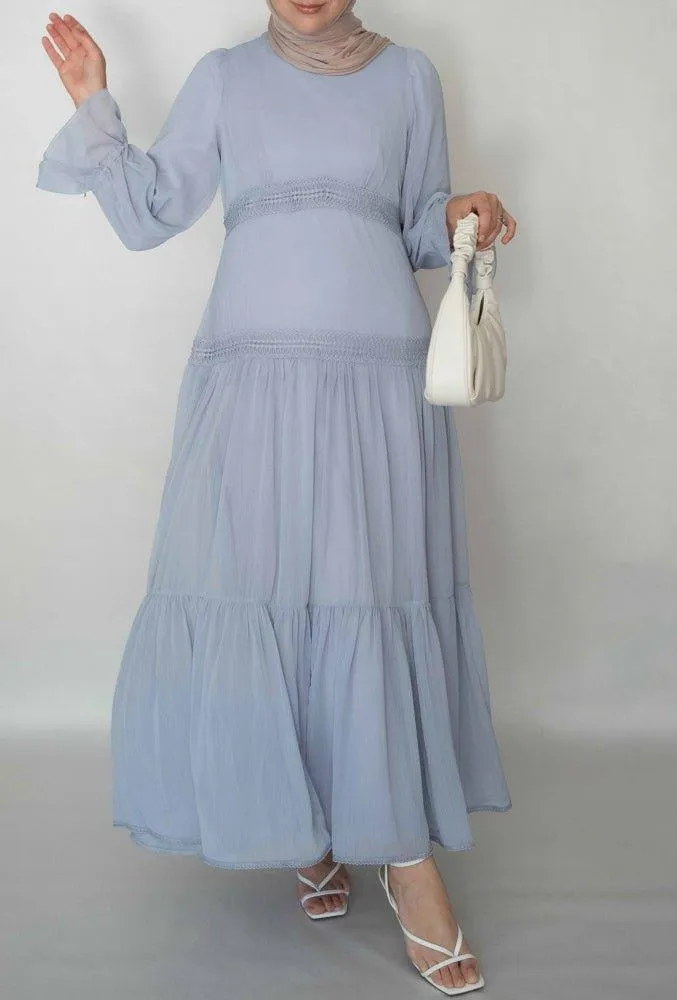 Gray Vivvie classic chiffon dress lined not sheer with maxi sleeve and lace detail