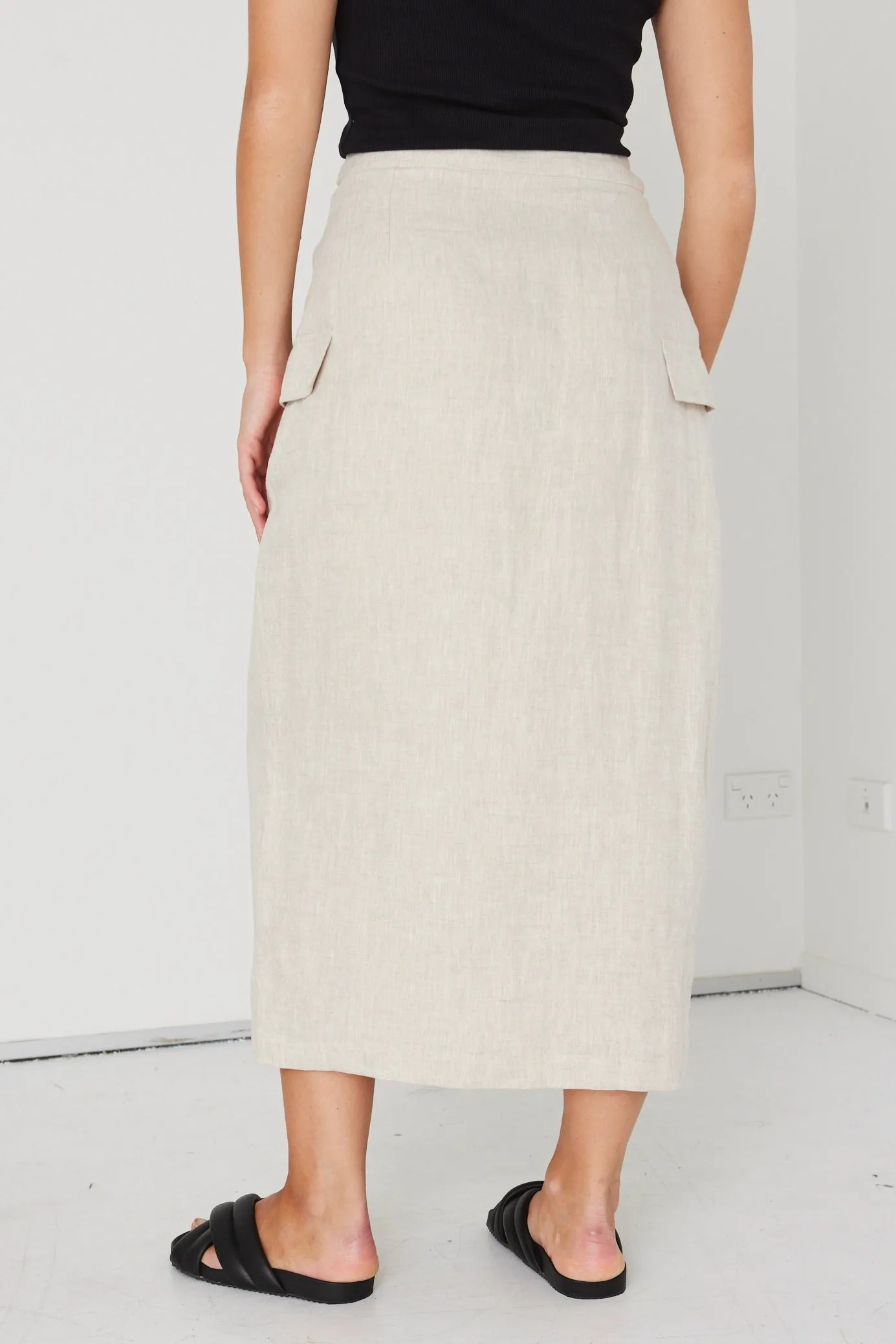 Grounded Natural Linen Wrap Cargo Midi Skirt