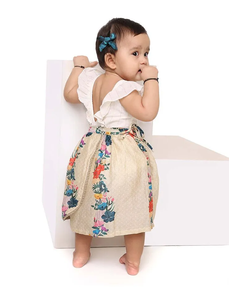 Gulzar - Chanderi Floral Printed Infant Onesie with Detachable Lehenga Skirt and Matching Clips