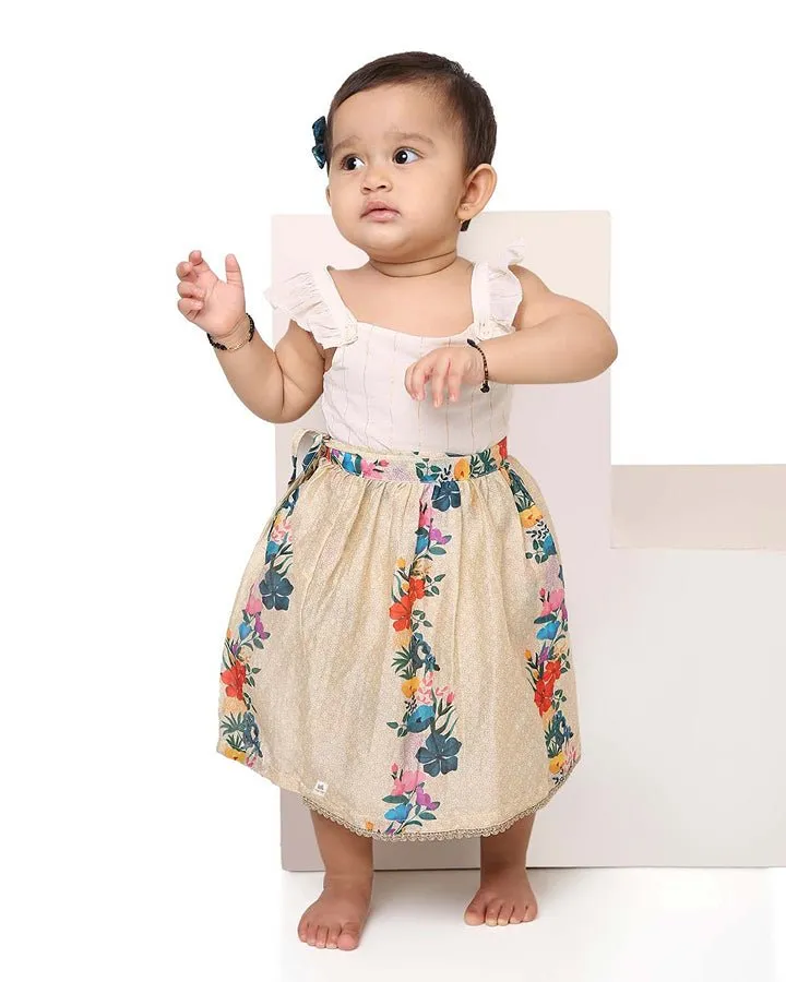 Gulzar - Chanderi Floral Printed Infant Onesie with Detachable Lehenga Skirt and Matching Clips