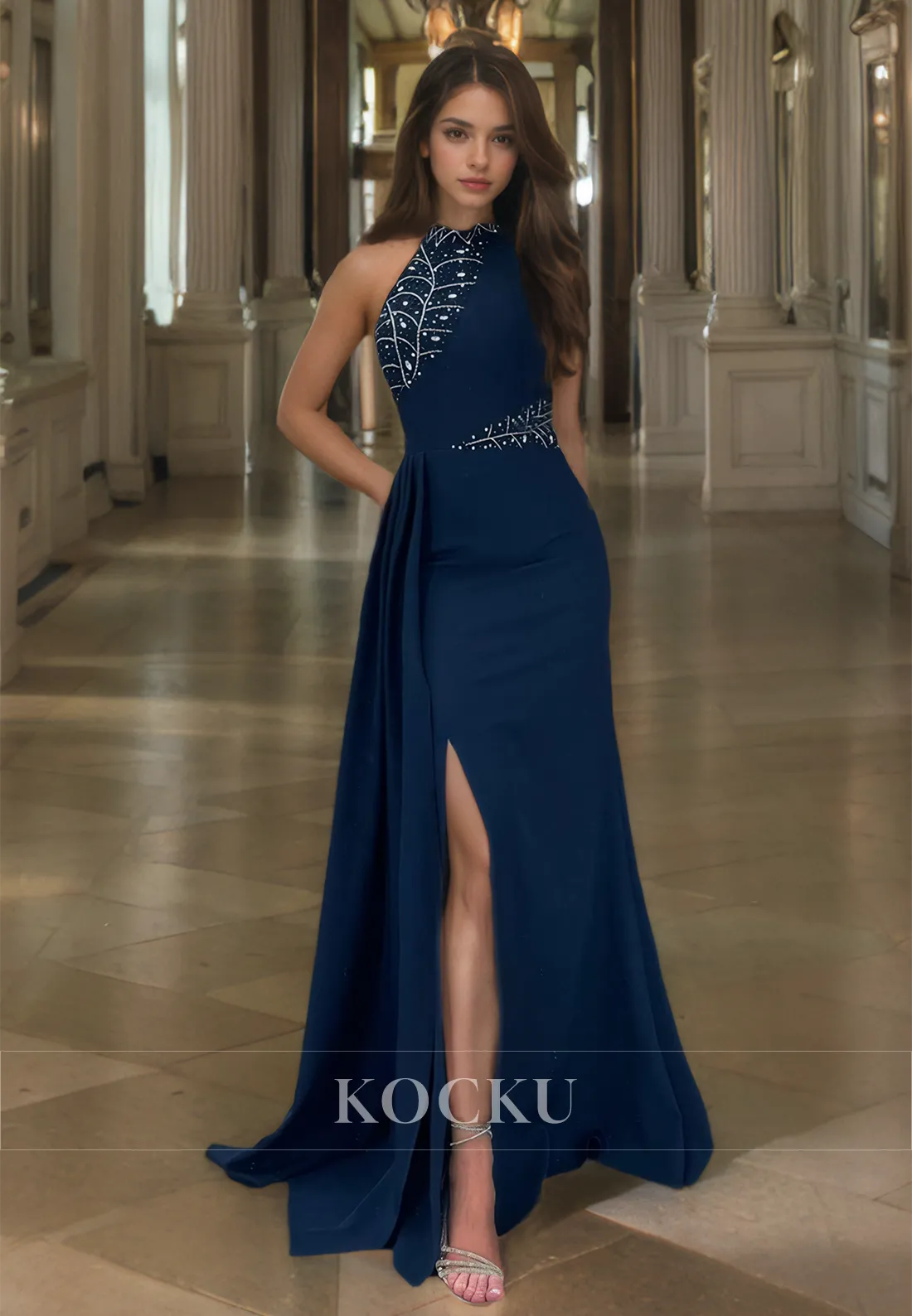 Halter Neck Sleeveless Sheath Prom Dress Slit Floor-Length Satin Party Gowns with Beads