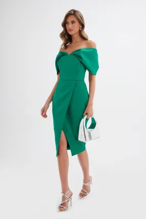 HARLEEN Draped Bardot Bonded Satin Midi Dress In Emerald Green