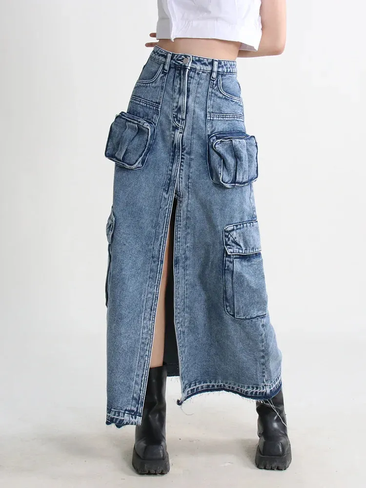 HEYFANCYSTYLE Cargo Denim Skirts High Waist