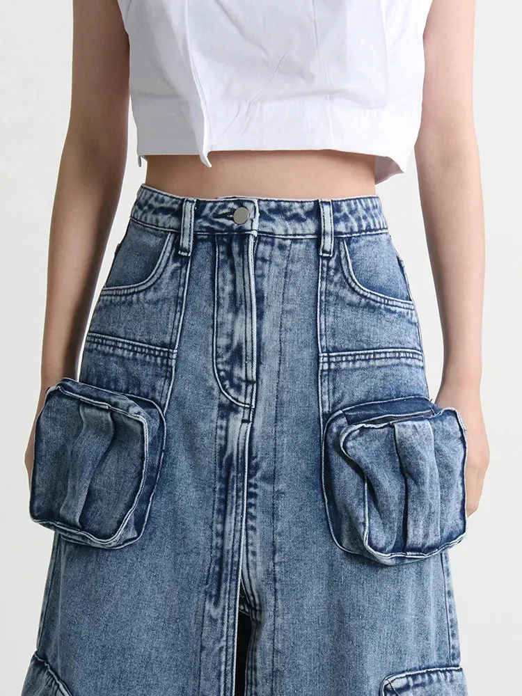 HEYFANCYSTYLE Cargo Denim Skirts High Waist