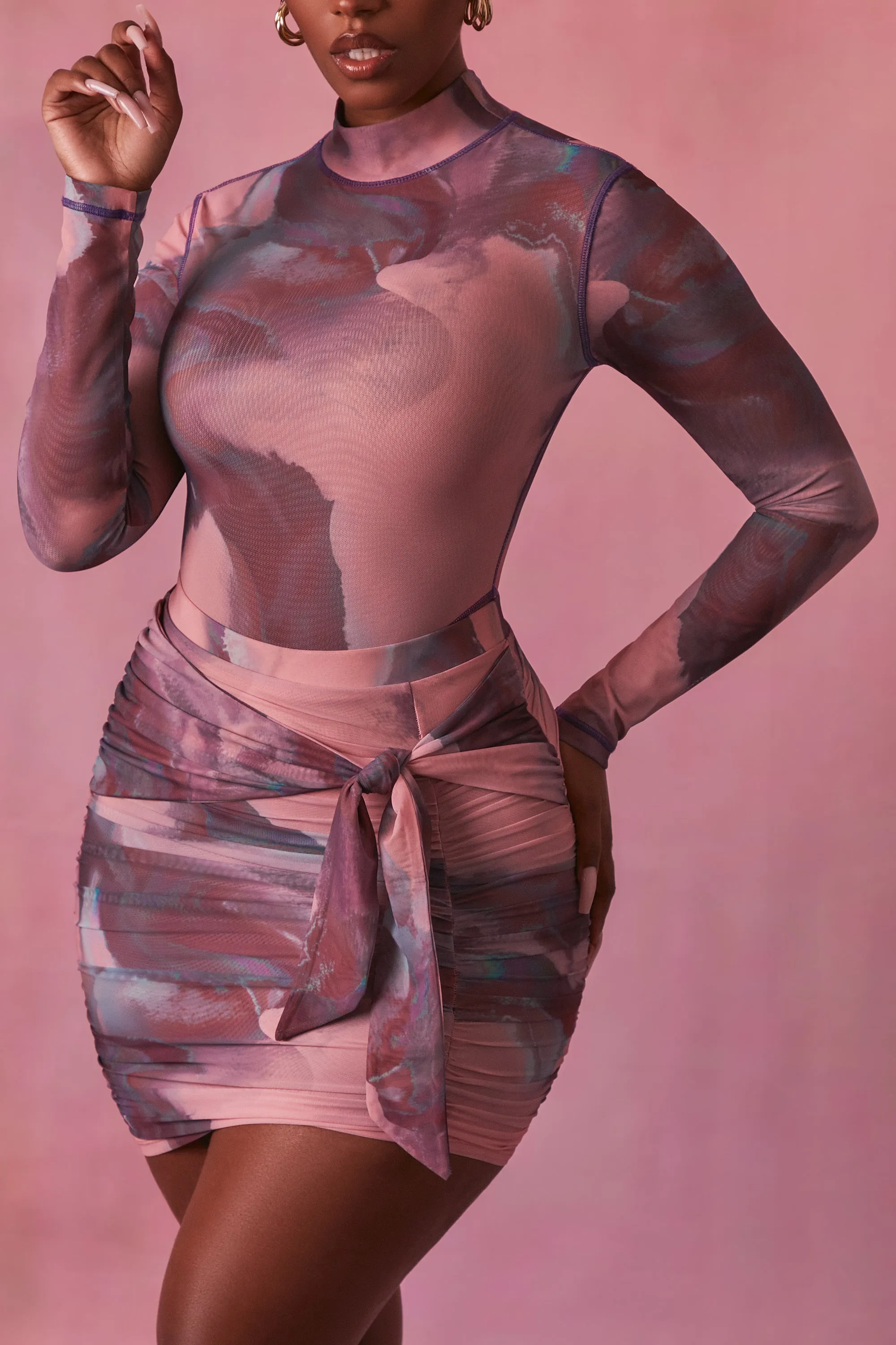 High Neck Long Sleeve Mesh Bodysuit in Blush