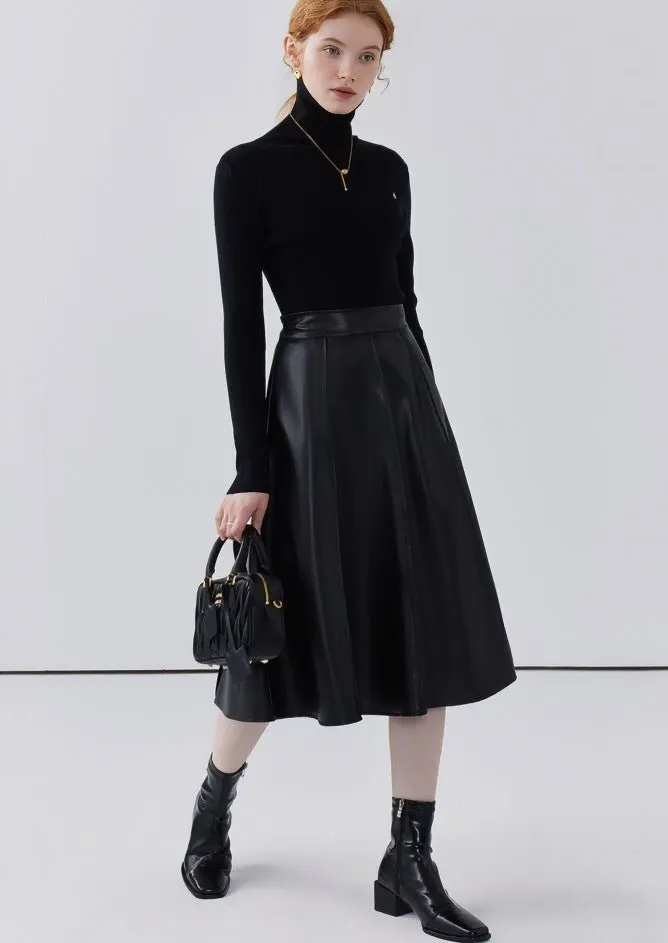 HIGH WAIST A-LINE MIDI LEATHER SKIRT