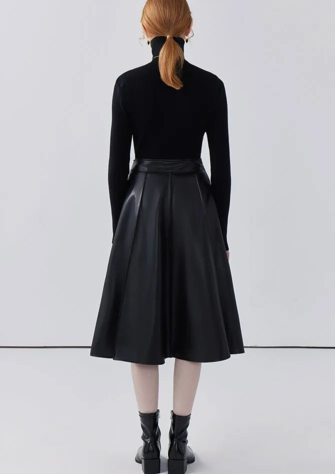 HIGH WAIST A-LINE MIDI LEATHER SKIRT