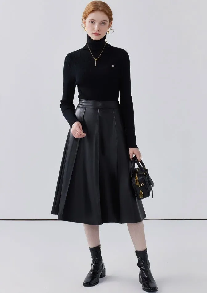 HIGH WAIST A-LINE MIDI LEATHER SKIRT