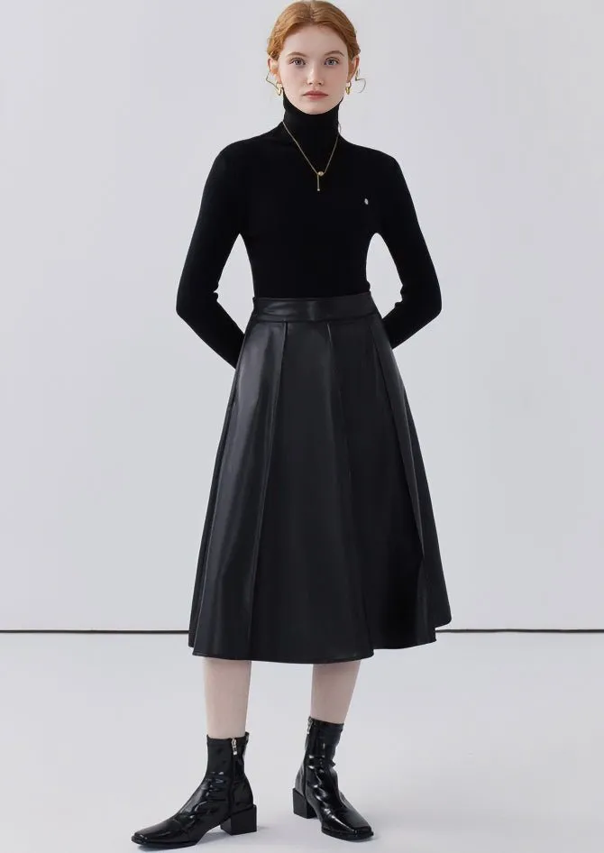 HIGH WAIST A-LINE MIDI LEATHER SKIRT