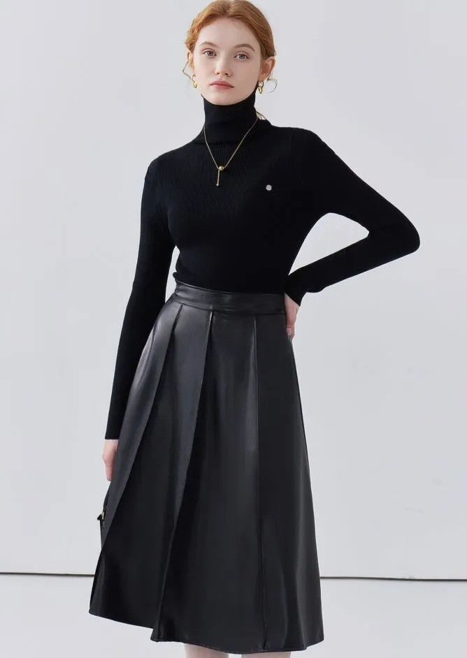 HIGH WAIST A-LINE MIDI LEATHER SKIRT