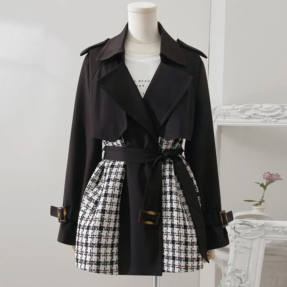 Hit Color Plaid Trench For Women Notched Collar Long Sleeves Patchwork Belt Temperament Windbreaker Female