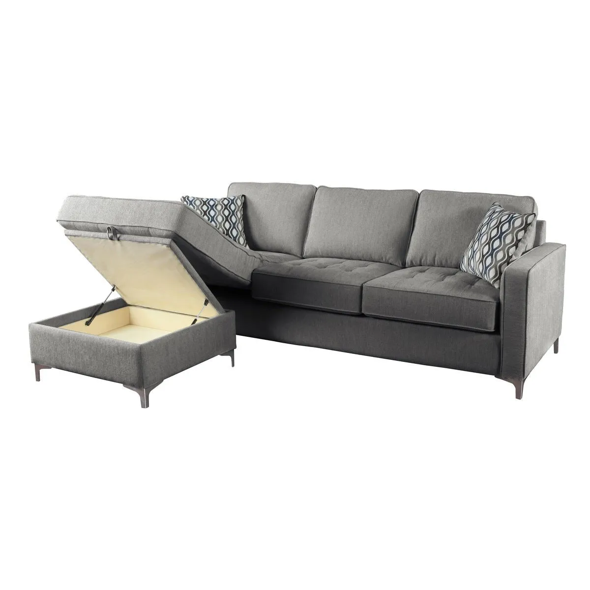 Hudson Collection Graphite Reversible Sectional with 2 Pillows and Storage Chaise