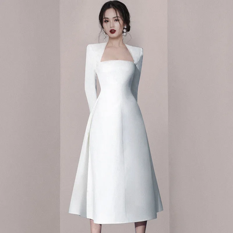 IKEARLAX  Autumn and Winter New Style White Simple Dress Bride Toasting Bridesmaid Dress Banquet Formal Occasion Dinner Suit