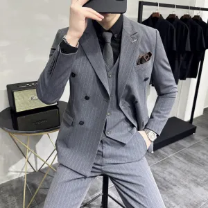 IKEARLAX  Double Breasted Suit Men's Suits Autumn Korean Style Slim Fit Khaki Striped Suit Business Formal Wear Groom Dress