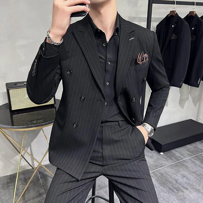 IKEARLAX  Double Breasted Suit Men's Suits Autumn Korean Style Slim Fit Khaki Striped Suit Business Formal Wear Groom Dress