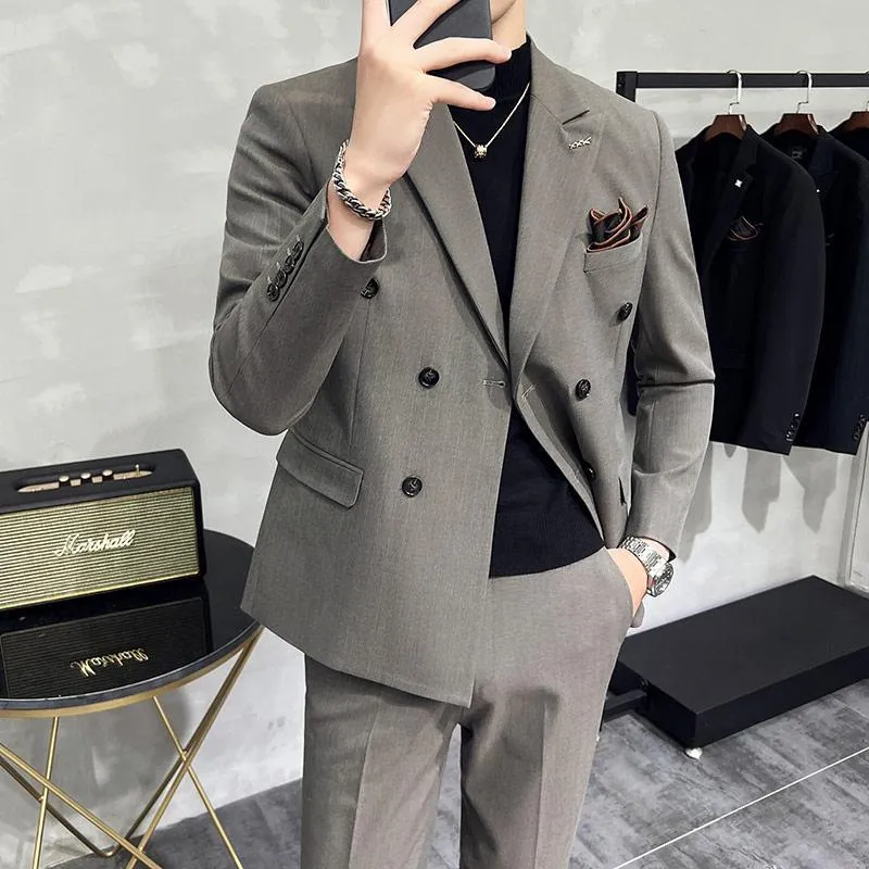 IKEARLAX  Double Breasted Suit Men's Suits Autumn Korean Style Slim Fit Khaki Striped Suit Business Formal Wear Groom Dress