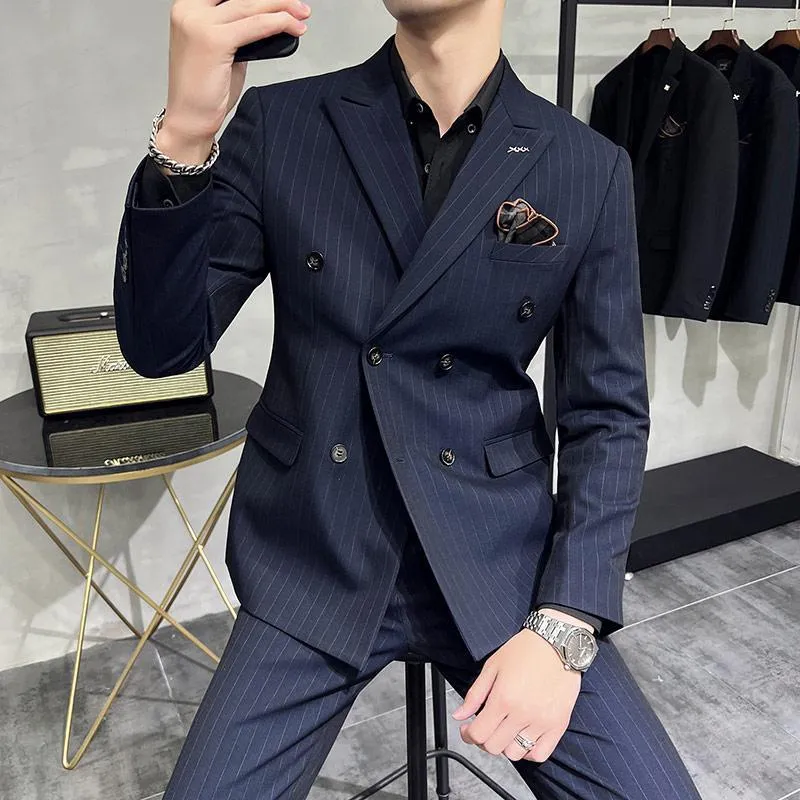 IKEARLAX  Double Breasted Suit Men's Suits Autumn Korean Style Slim Fit Khaki Striped Suit Business Formal Wear Groom Dress