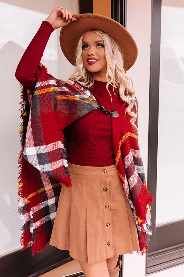 Infinitely Cozy Plaid Poncho In Wine