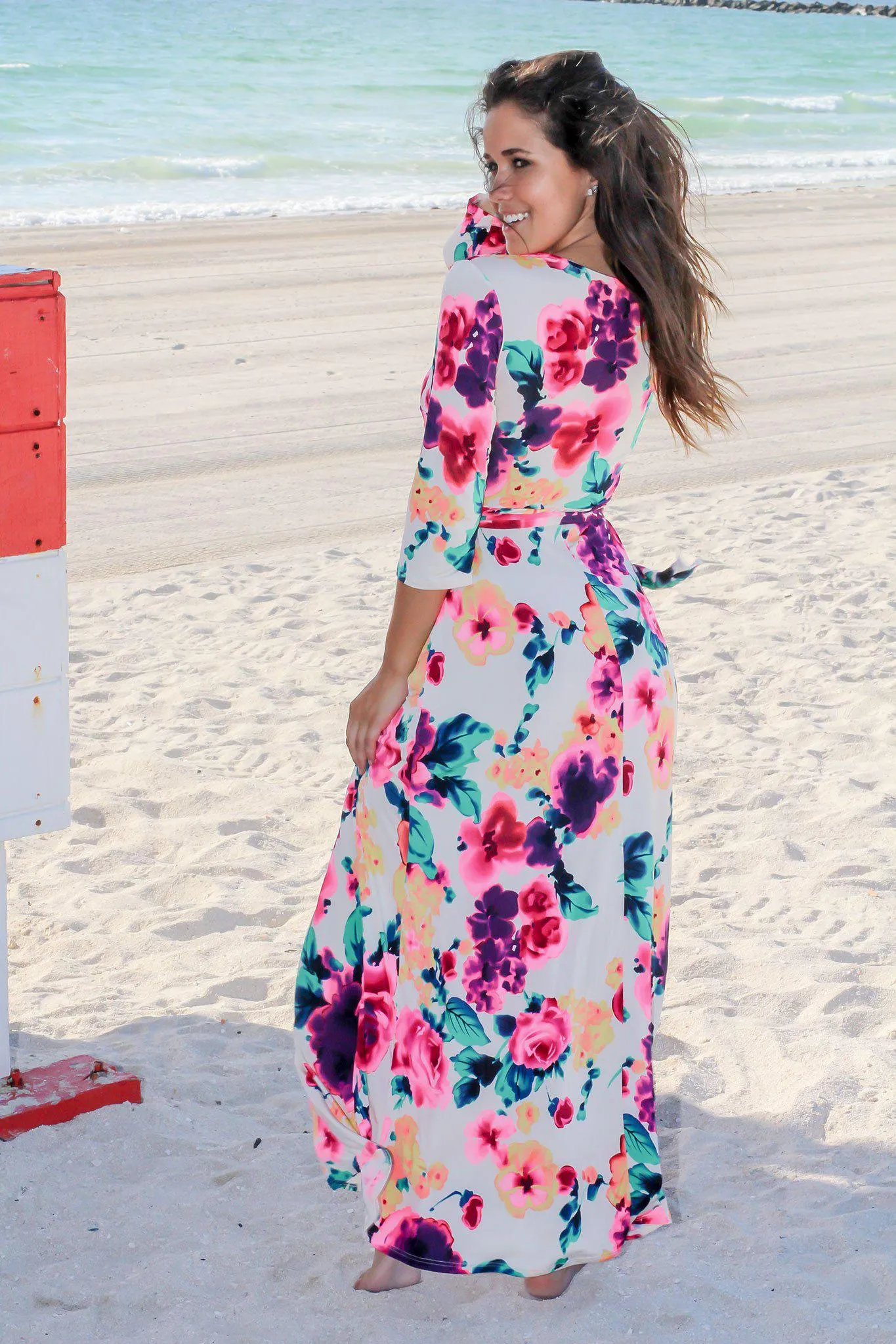 Ivory and Hot Pink Floral Wrap Maxi Dress