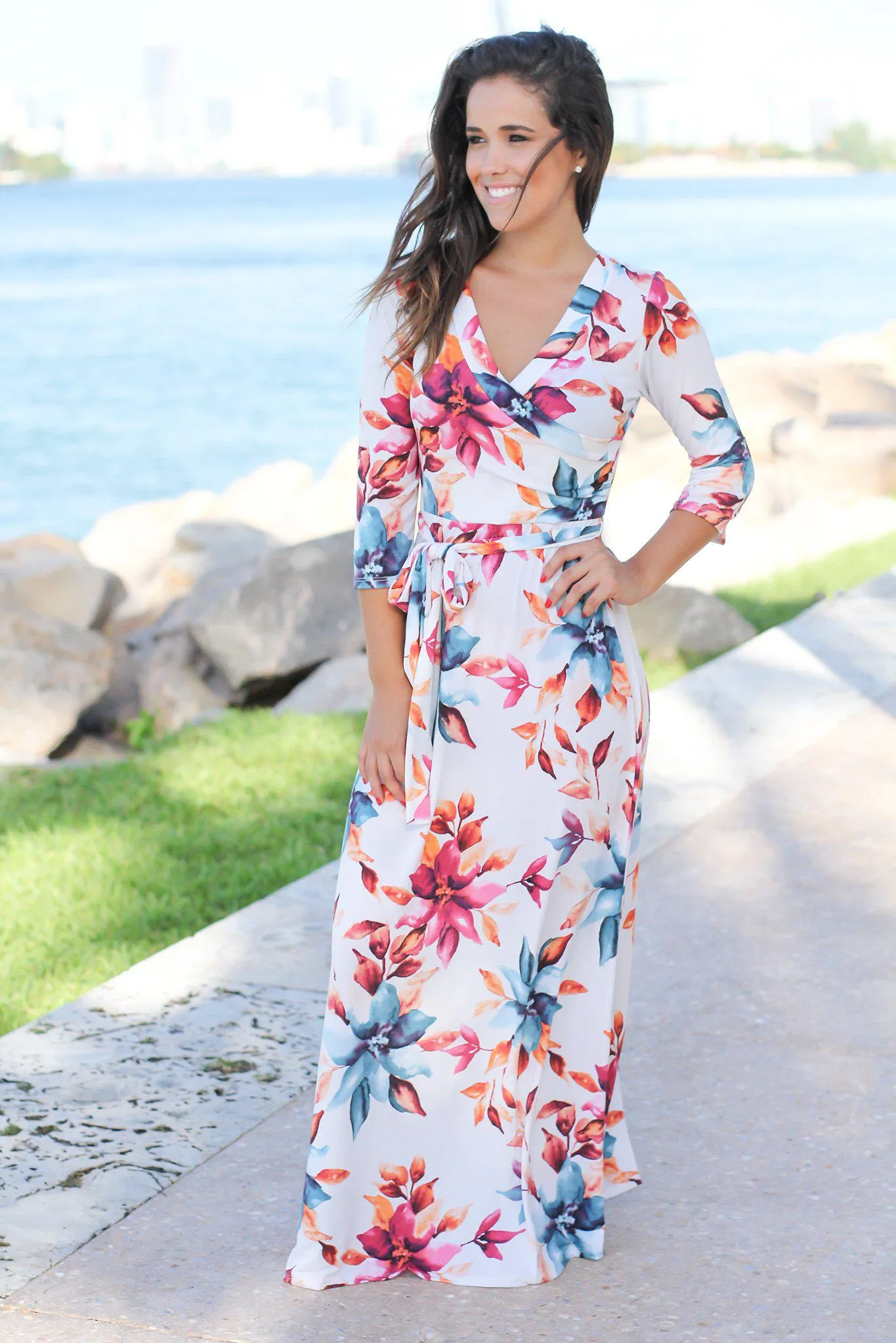 Ivory Floral Wrap Maxi Dress with 3/4 Sleeves