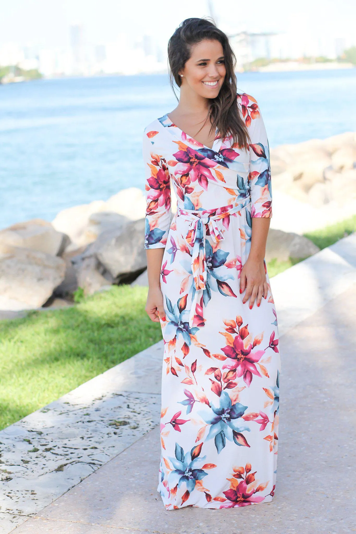 Ivory Floral Wrap Maxi Dress with 3/4 Sleeves