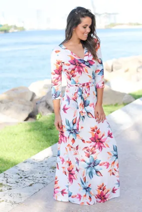 Ivory Floral Wrap Maxi Dress with 3/4 Sleeves