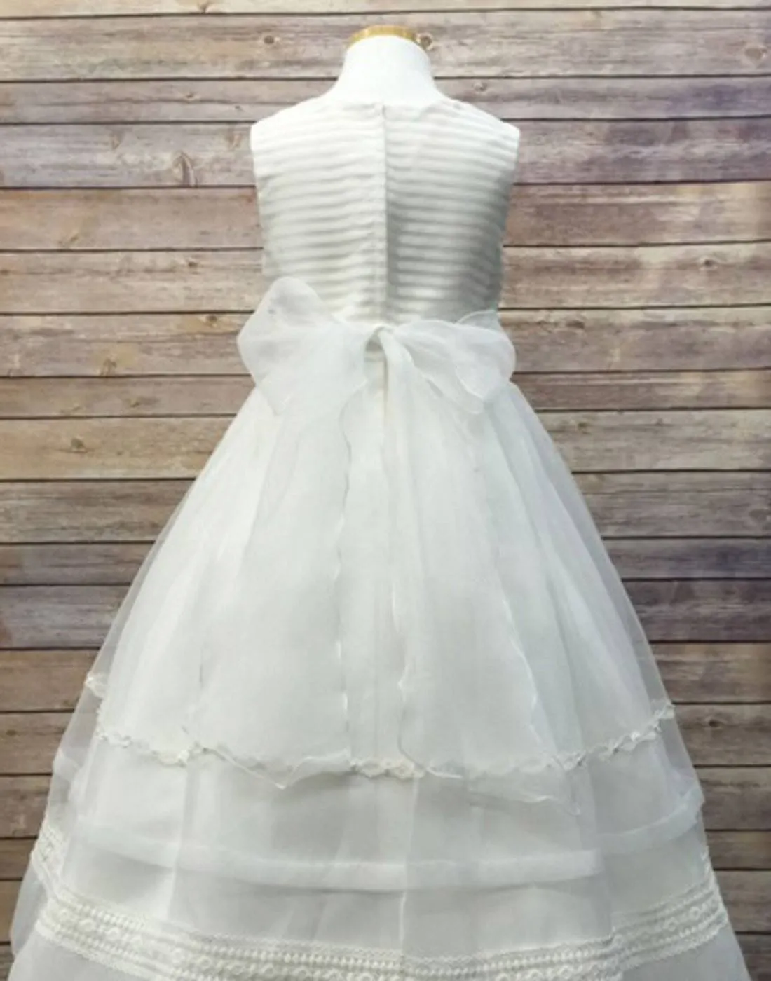 Ivory Striped Organza and Beaded Lace Trim Dress - White