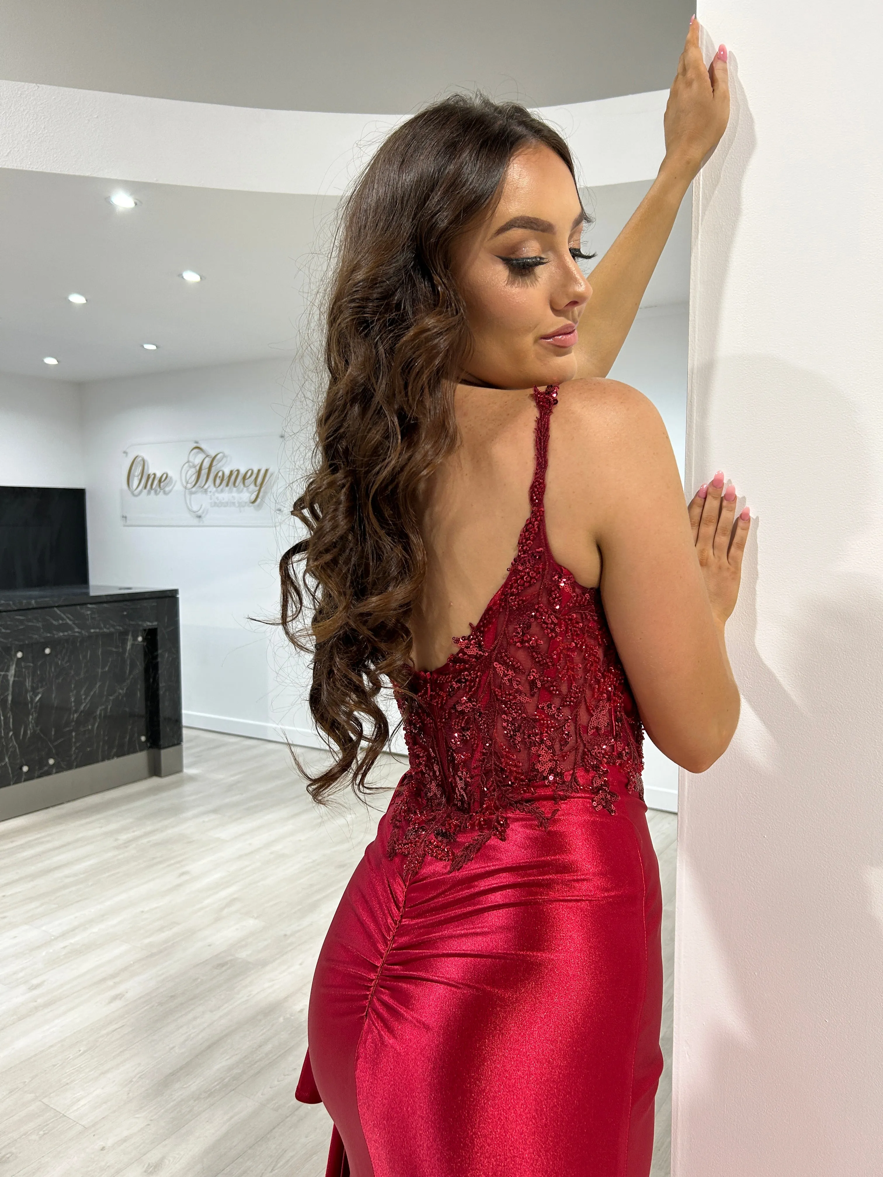 JAMILLA Satin Beaded Detail Corset Bustier Formal Dress