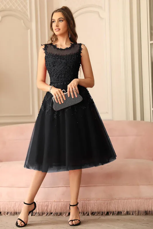 Jewel Neck Tulle Lace Tea Length Party Dress Sleeveless Short Homecoming Dress