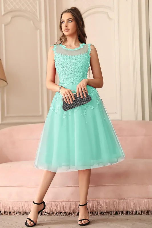 Jewel Neck Tulle Lace Tea Length Party Dress Sleeveless Short Homecoming Dress