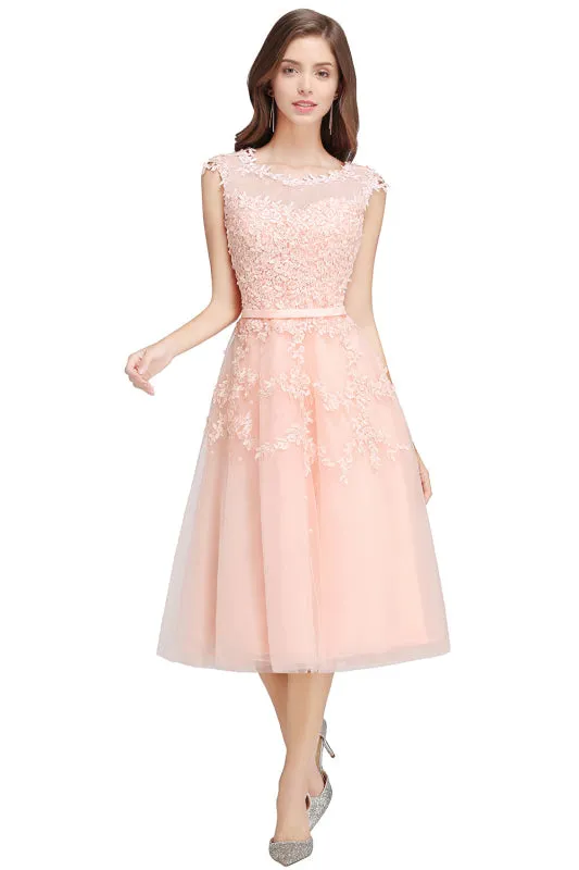 Jewel Neck Tulle Lace Tea Length Party Dress Sleeveless Short Homecoming Dress