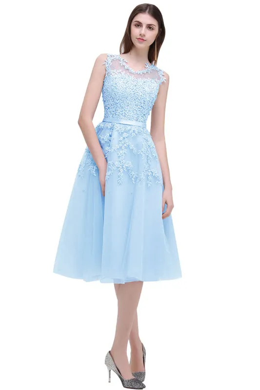 Jewel Neck Tulle Lace Tea Length Party Dress Sleeveless Short Homecoming Dress