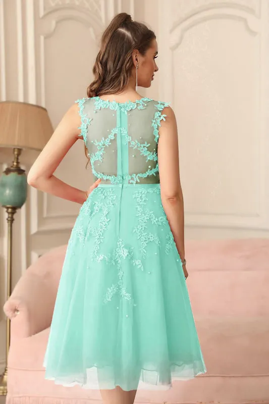 Jewel Neck Tulle Lace Tea Length Party Dress Sleeveless Short Homecoming Dress