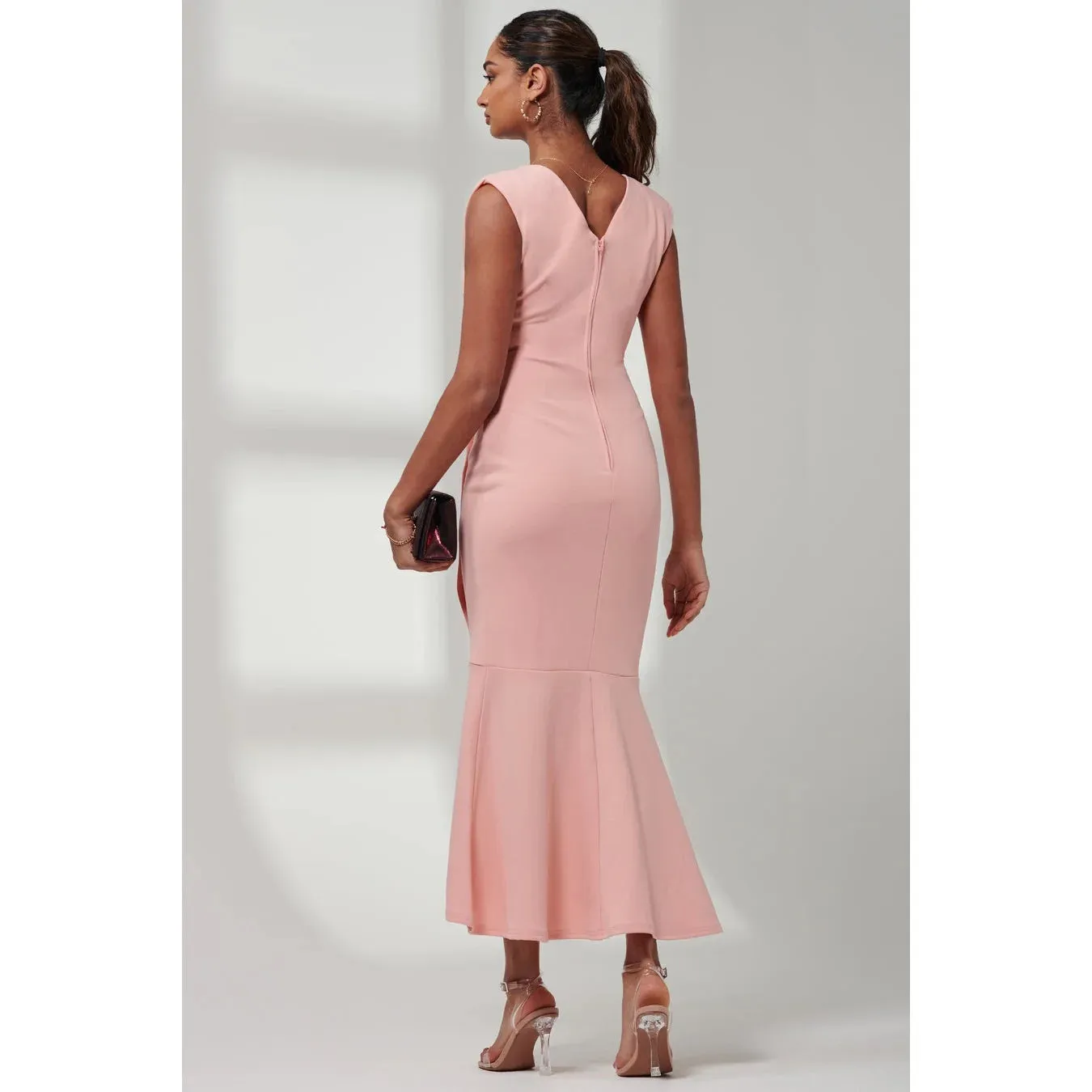 Jolie Moi Elegant Coral Pink Sleeveless Dress with V-Neck Wrap Top & Asymmetrical Frill Hemline