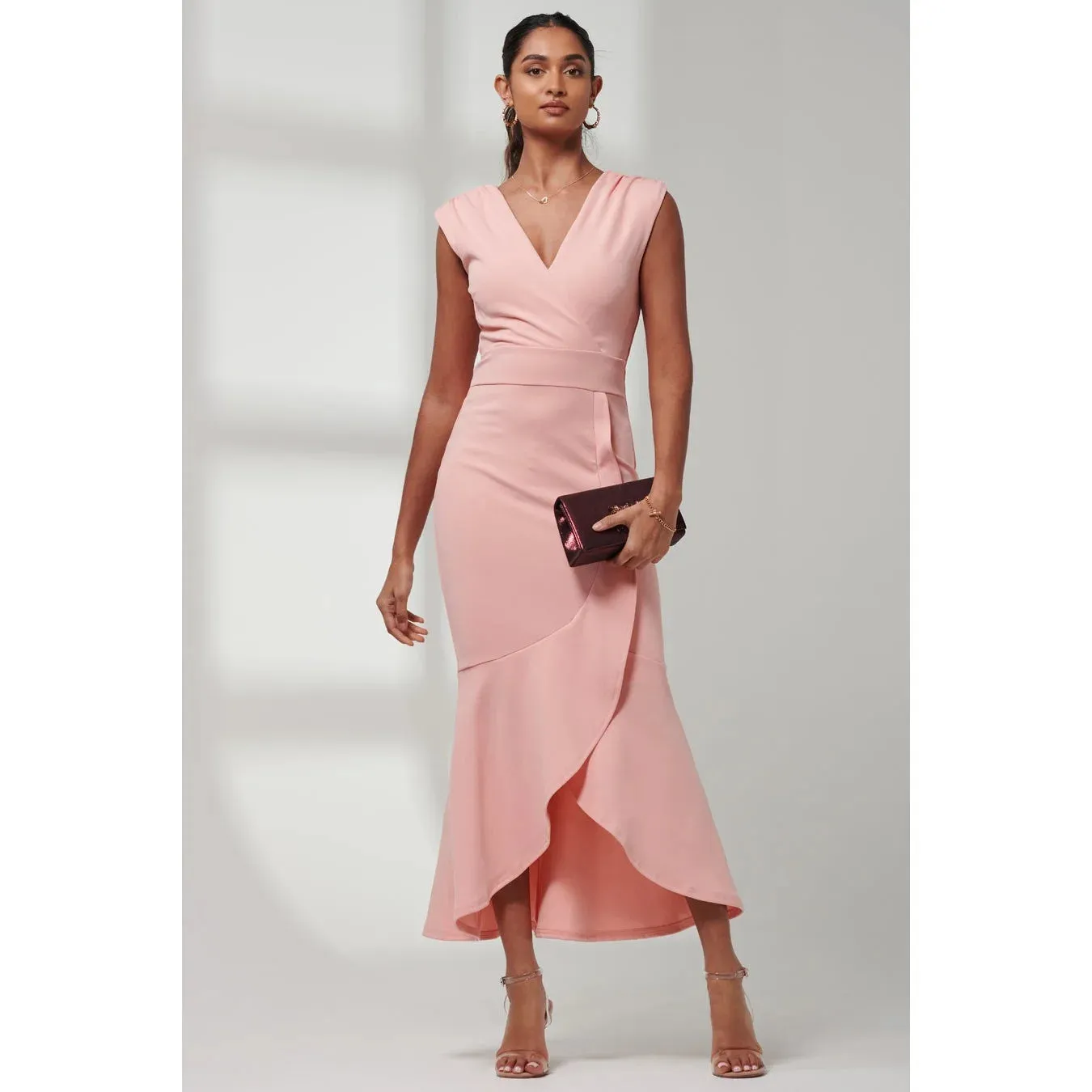 Jolie Moi Elegant Coral Pink Sleeveless Dress with V-Neck Wrap Top & Asymmetrical Frill Hemline